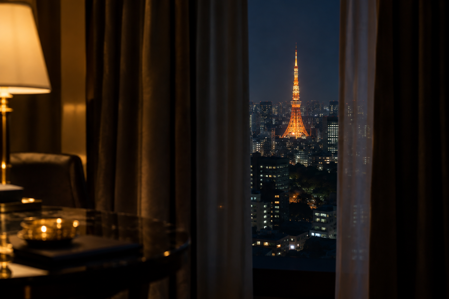 1984年の東京の夜景。高級ホテルの一室のカーテンの隙間から、ライトアップされた東京タワーを望む。