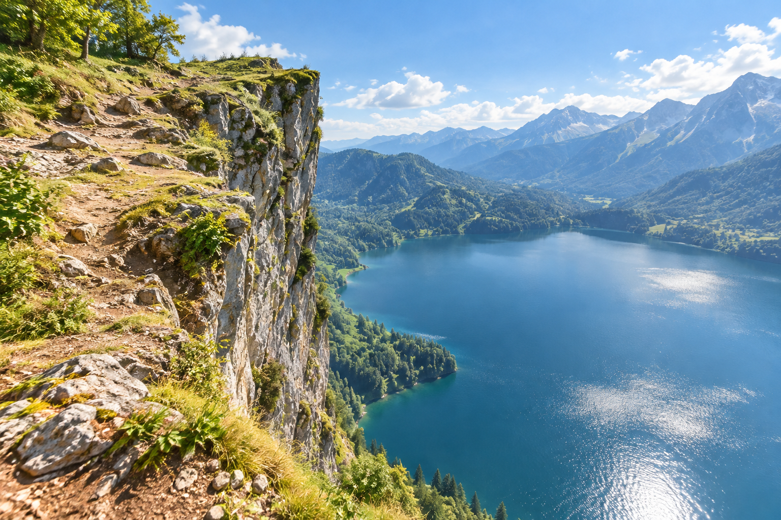 『悪霊』第2エピブラフの情景と関連して、湖を望む崖、遠方の山々。