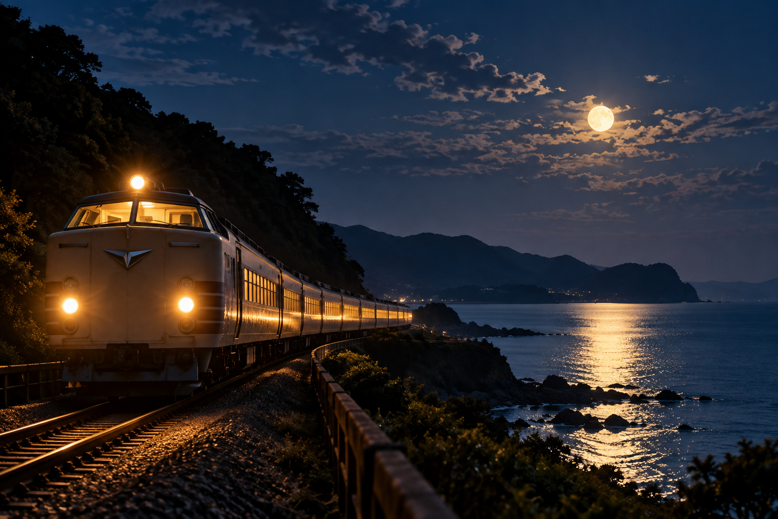 月夜に房総半島を走る特急電車